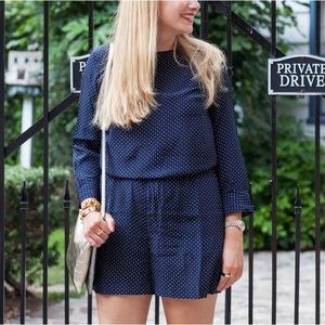 CLUB MONACO Silk Long Sleeve Navy Polka Dots Romper